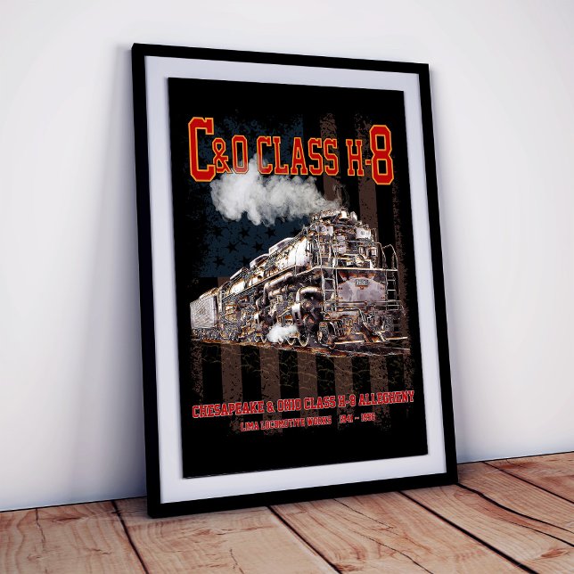 Affiche C&O Class H-8 Allegheny Locomotive - American flag (C&O Class H-8 Allegheny Locomotive - American flag. Poster)