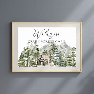 Affiche Cabane aquarelle dans la forêt de pins verts Bienv
