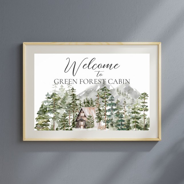 Affiche Cabane aquarelle dans la forêt de pins verts Bienv (In situ)