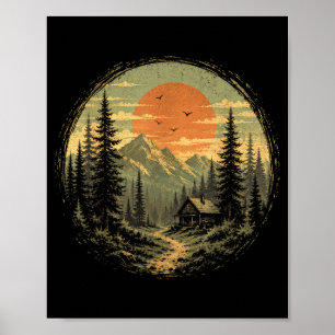 Affiche Cabane coucher de soleil montagne forêt sauvage na