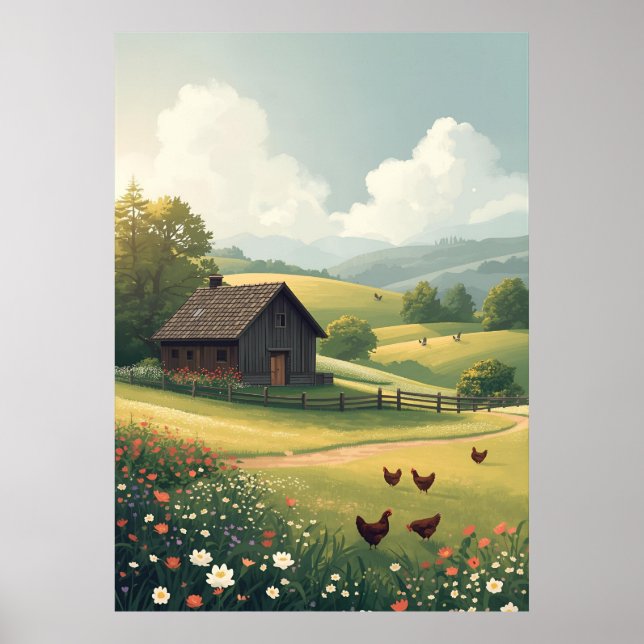 Affiche Cabane de campagne rustique avec fleurs sauvages  (Devant)