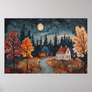 Affiche Cabane de Nuit Automnale Cosy Aquarelle Art d'Auto