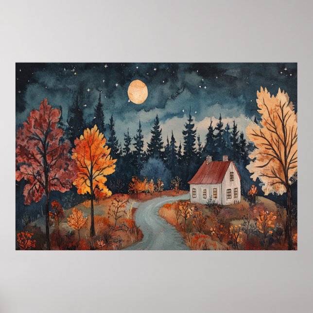 Affiche Cabane de Nuit Automnale Cosy Aquarelle Art d'Auto (Devant)