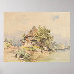 Affiche Cabane en bois au bord du lac – Carl Lafite