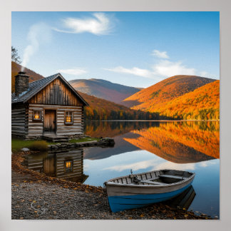 Affiche Cabane en rondins confortable Reflet du lac d'auto