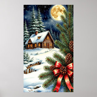 Affiche Cabane enneigée au clair de lune dans une forêt d'