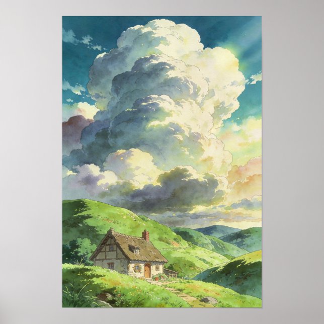 Affiche Cabane Refuge Rustique Sous les Nuages d'Été (Devant)