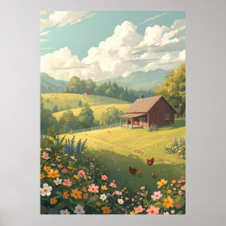 Affiche Cabane rustique de campagne avec des fleurs sauvag