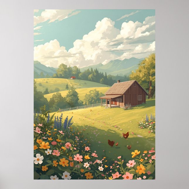 Affiche Cabane rustique de campagne avec des fleurs sauvag (Devant)