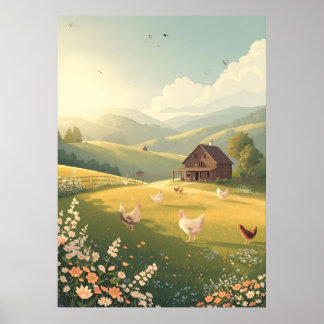 Affiche Cabane rustique de campagne avec fleurs sauvages