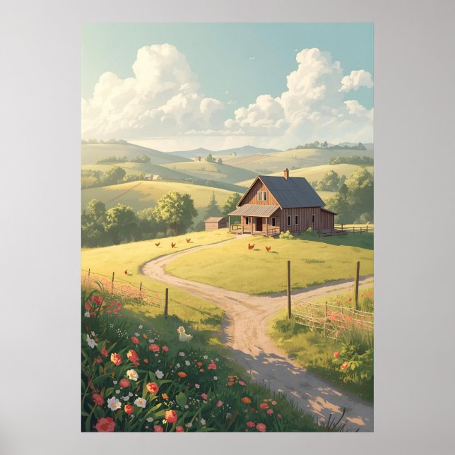 Affiche Cabane rustique de campagne avec fleurs sauvages  (Devant)