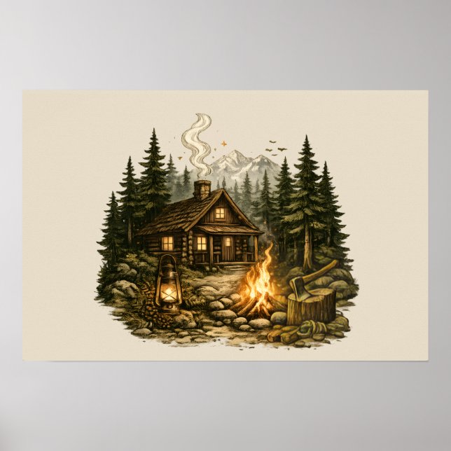 Affiche Cabane Rustique en Forêt avec Feu de Camp (Devant)