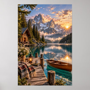 Affiche Cabine de lac alpin lever de soleil montagne art m