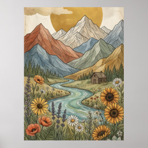 Affiche Cabine de montagne céleste bohème rivière tourneso
