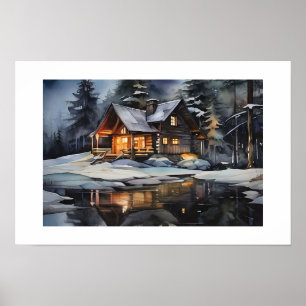 Affiche Cabine d'hiver cosy de nuit