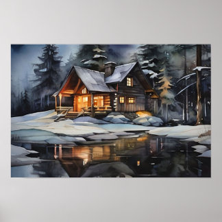 Affiche Cabine d'hiver cosy de nuit