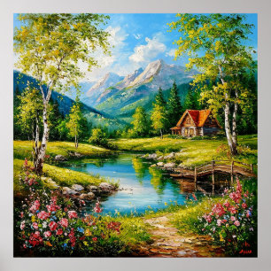 Affiche Cabine idyllique au bord d'un ruisseau dans une mo