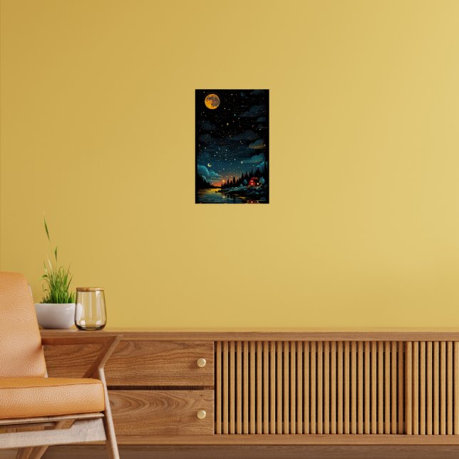 Affiche Cabine illuminé par la lune près du lac - Starry N (Salon 2)