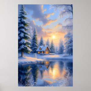 Affiche Cabine Magique de Coucher de Soleil Hivernal Forêt