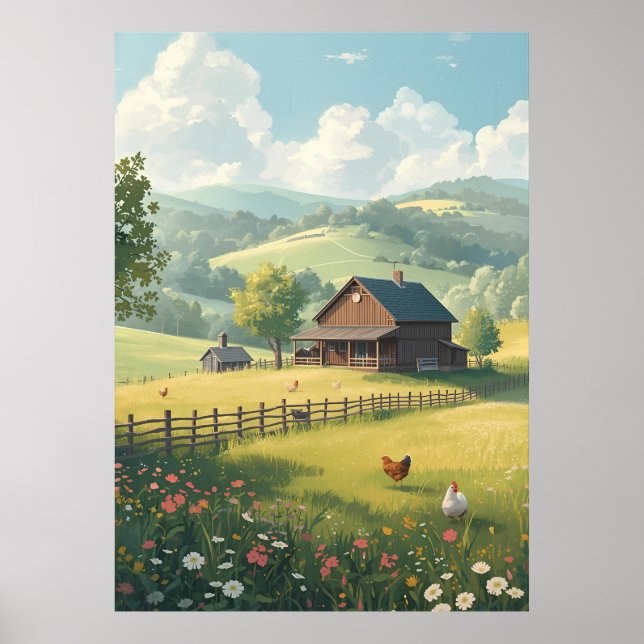 Affiche Cabine rustique de campagne avec fleurs sauvages  (Devant)