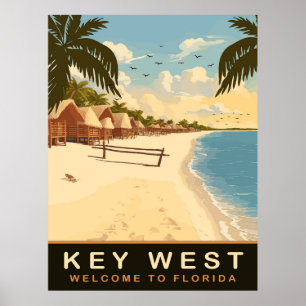 Affiche Cabines de plage à Key West, Floride, Vintage voya