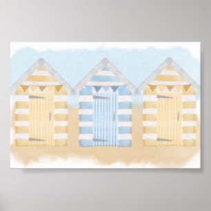 Affiche Cabines de plage jaunes et bleues Aquarelle de l'o