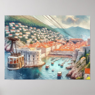 Affiche Câble Dubrovnik Croatie aquarelle