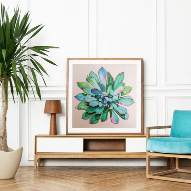 Affiche Cactus Bleu et Rose | (Cactus oil painting)