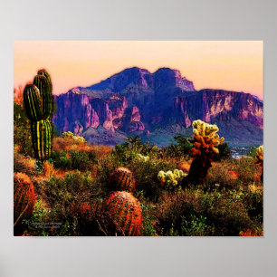Affiche Cactus Et Purple Mountain Arizona Désert 14x11