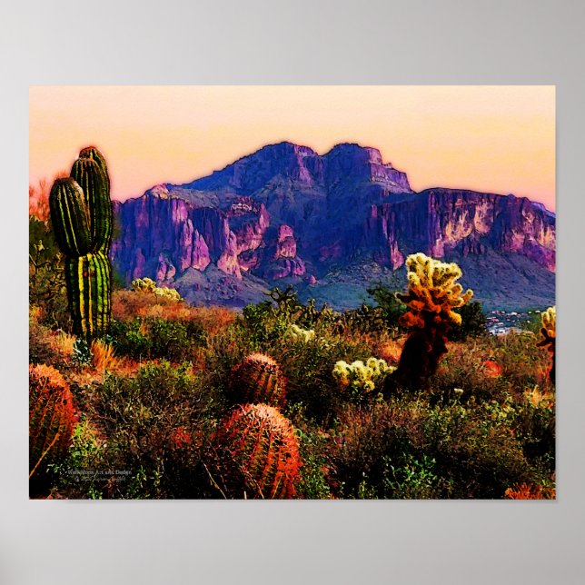 Affiche Cactus Et Purple Mountain Arizona Désert 14x11 (Devant)
