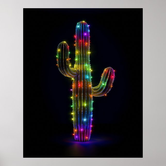 Affiche Cactus Saguaro illuminé de lumières de Noël (Devant)