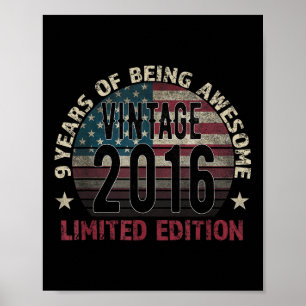 Affiche Cadeau 9e anniversaire garçon vintage né en 2016 q