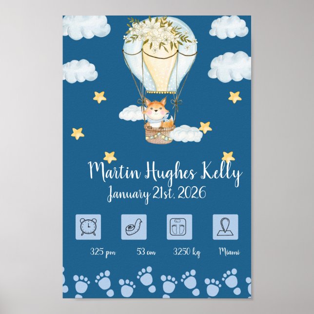 Affiche Cadeau Ballon à Air Chaud Bébé Bleu Mignon - Donné (Devant)
