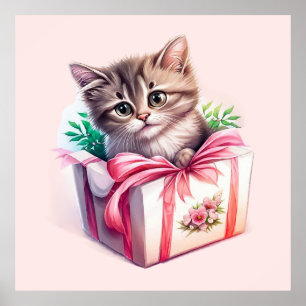 Affiche Cadeau d'anniversaire de chaton mignon dans une bo