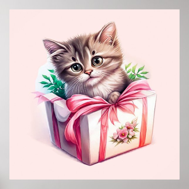 Affiche Cadeau d'anniversaire de chaton mignon dans une bo (Devant)