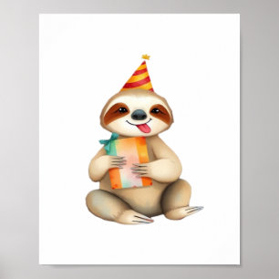 Affiche Cadeau d'anniversaire de paresseux chapeau de fête