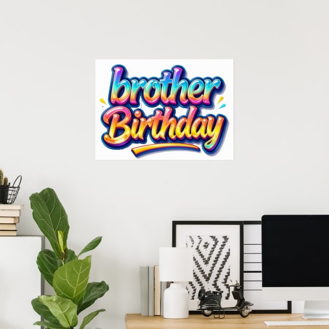 Affiche Cadeau d'anniversaire frère Texte arc-en-ciel colo (Bureau à domicile)