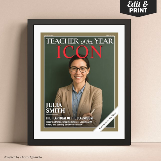 Affiche Cadeau d'appréciation de l'enseignant, couverture  (Teacher Appreciation Gift, Best Teacher Ever Custom Magazine Cover Poster)