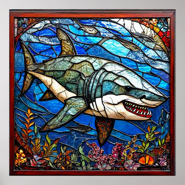 Affiche Cadeau d'art de requin en vitrail pour amateur d'o (Devant)