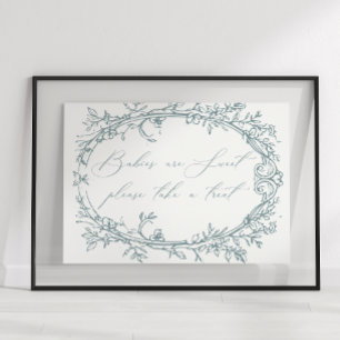 Affiche Cadeau de Baby Shower Fleur Bleu Vintage Intempore