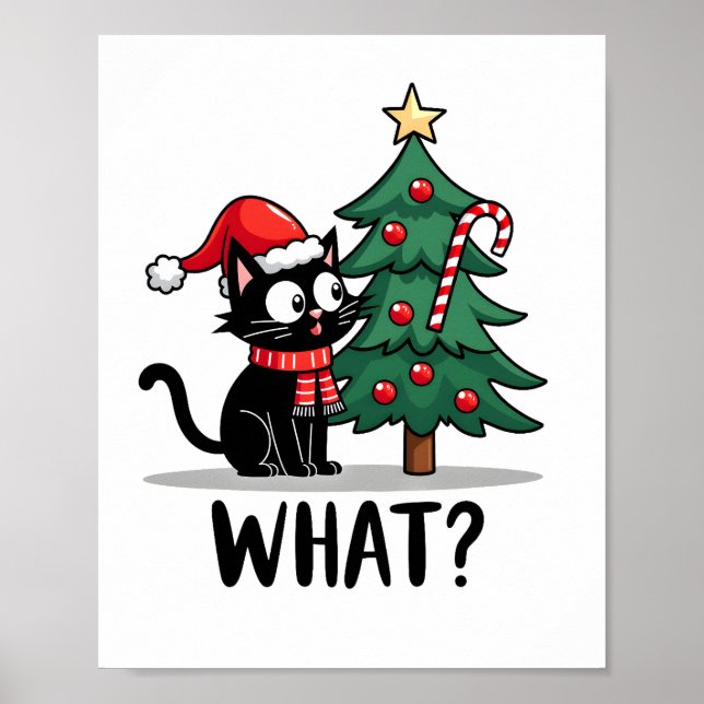 Affiche Cadeau de chat noir drôle poussant l'arbre de Noël (Devant)