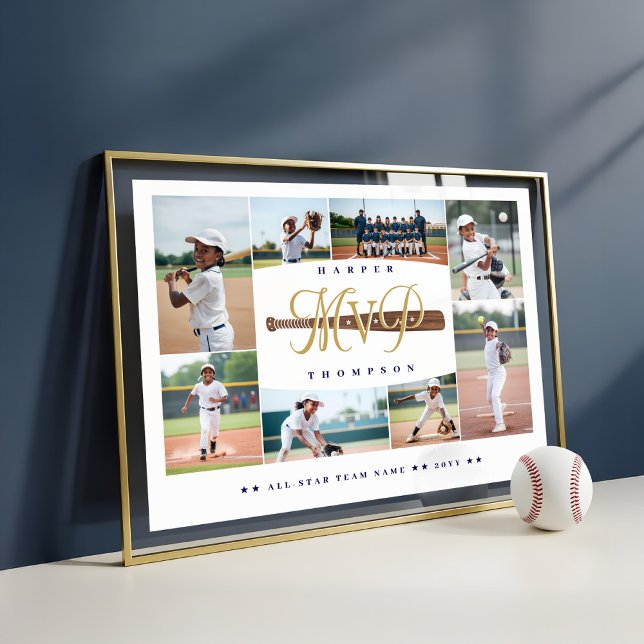 Affiche Cadeau de collage photo de baseball de joueur MVP (MVP Baseball Player Sports Photo Collage Keepsake Poster)