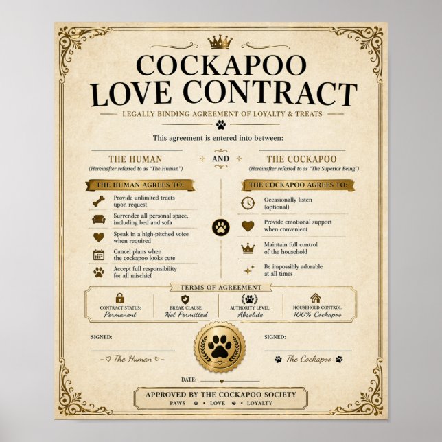 Affiche Cadeau de Contrat d'Amour Cockapoo Personnalisé (Devant)