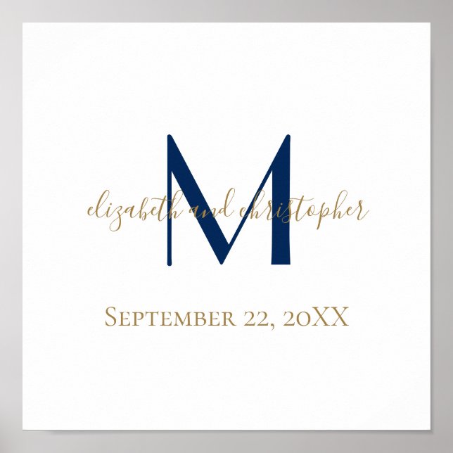 Affiche Cadeau de date de mariage or bleu avec monogramme  (Devant)