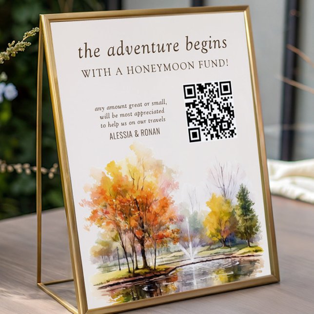 Affiche Cadeau de lune de miel en code QR Mariage de campa (QR Code honeymoon fund sign from the Fall Lake wedding collection by Darling & May)