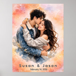Affiche Cadeau de photo personnalisé de couple à l'aquarel