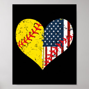Affiche Cadeau de softball coeur drapeau américain 4 juill