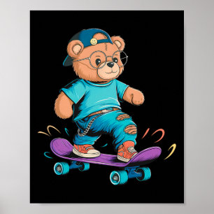 Affiche Cadeau d'ours mignon drôle de skateboard pour homm