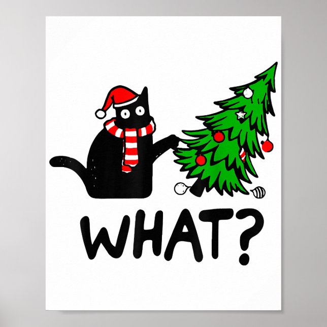 Affiche Cadeau drôle de chat noir poussant l'arbre de Noël (Devant)