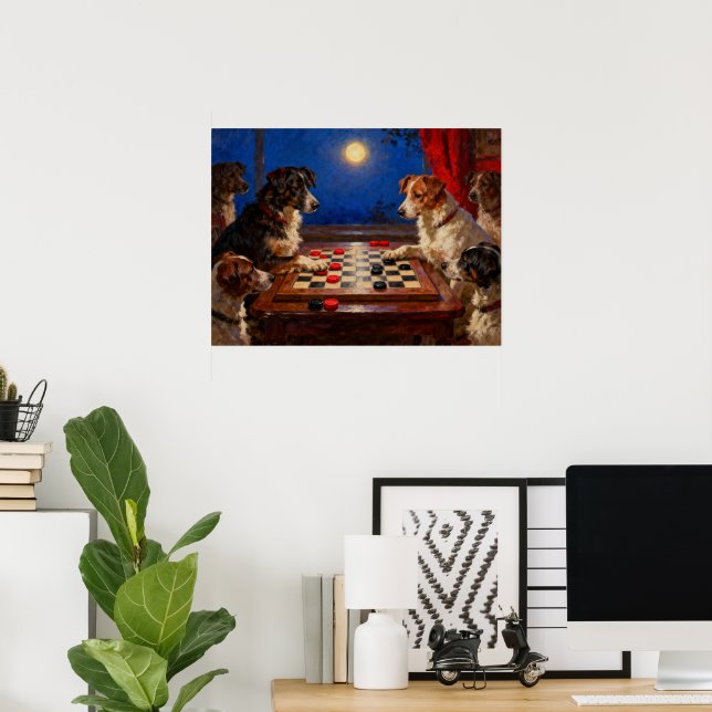 Affiche Cadeau Drôles Chiots Jouant Aux Dames (Bureau à domicile)